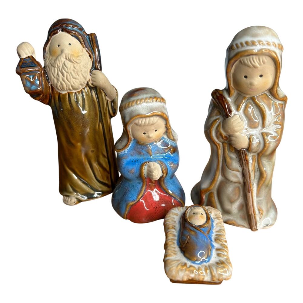 Vintage Glazed Ceramic Painted Nativity Figurines